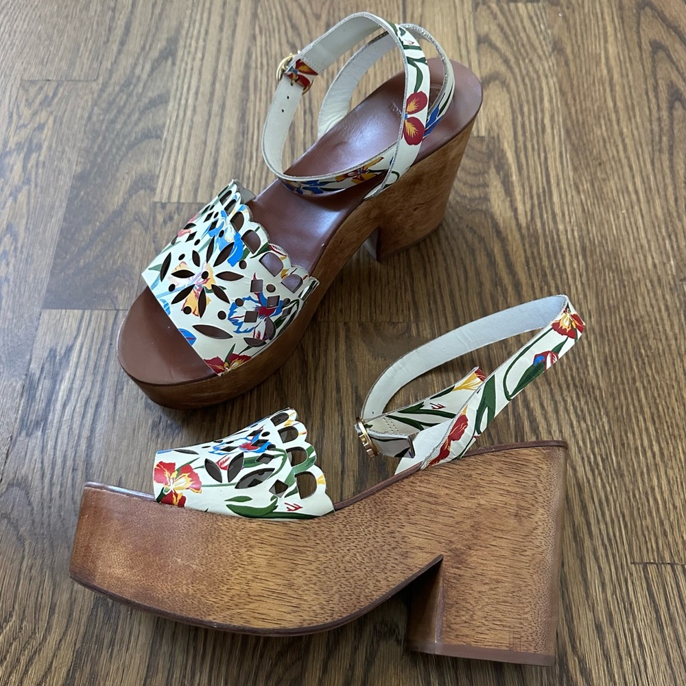 Tory Burch May wooden platform sandal with floral print, size 8